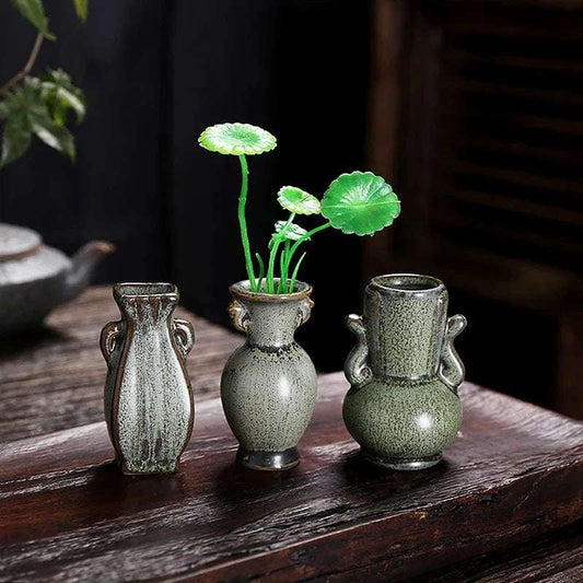 1Pcs Ceramic Miniature Vase Green Retro Flower Vase Crafts Tabletop Ornament Hydroponics Chinese-style Living Room Decoration