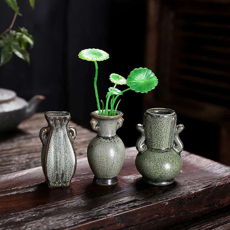 1Pcs Ceramic Miniature Vase Green Retro Flower Vase Crafts Tabletop Ornament Hydroponics Chinese-Style Living Room Decoration