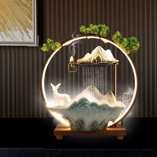 Desktop Water Fountain with LED Light, Submersible Pump, Ceramic and Wood Build, Relaxing Waterfall Feature for Office, Bedroom,