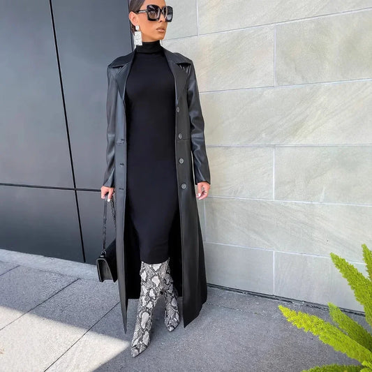 Womens Coats Thick PU Leather Long Sleeve 2024 Winter Notched Neck X-Long Trench Street Wear Fashion OL Work Outcoat