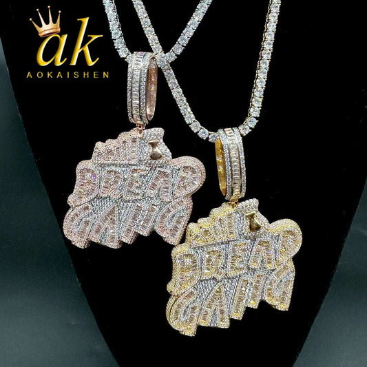 Aokaishen Iced Out Pedant Bread Gang Necklace for Men Cubic Zirconia Baguette Double Color Hip Hop Jewelry