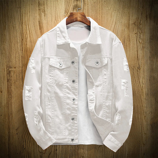 Men'S Vintage Distressed Denim Jacket - Casual Lapel Streetwear Coat, Spring Autumn