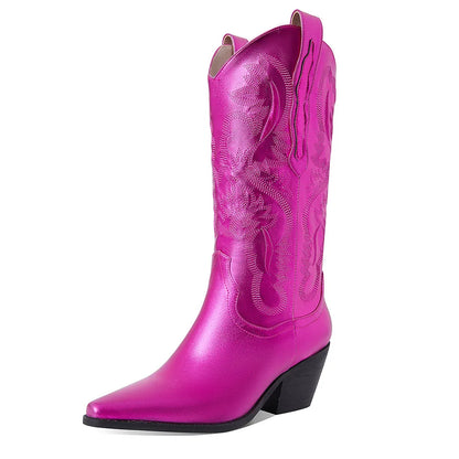 GIGIFOX Embroidered Women Mid-Calf Western Boots Block High Heel Point