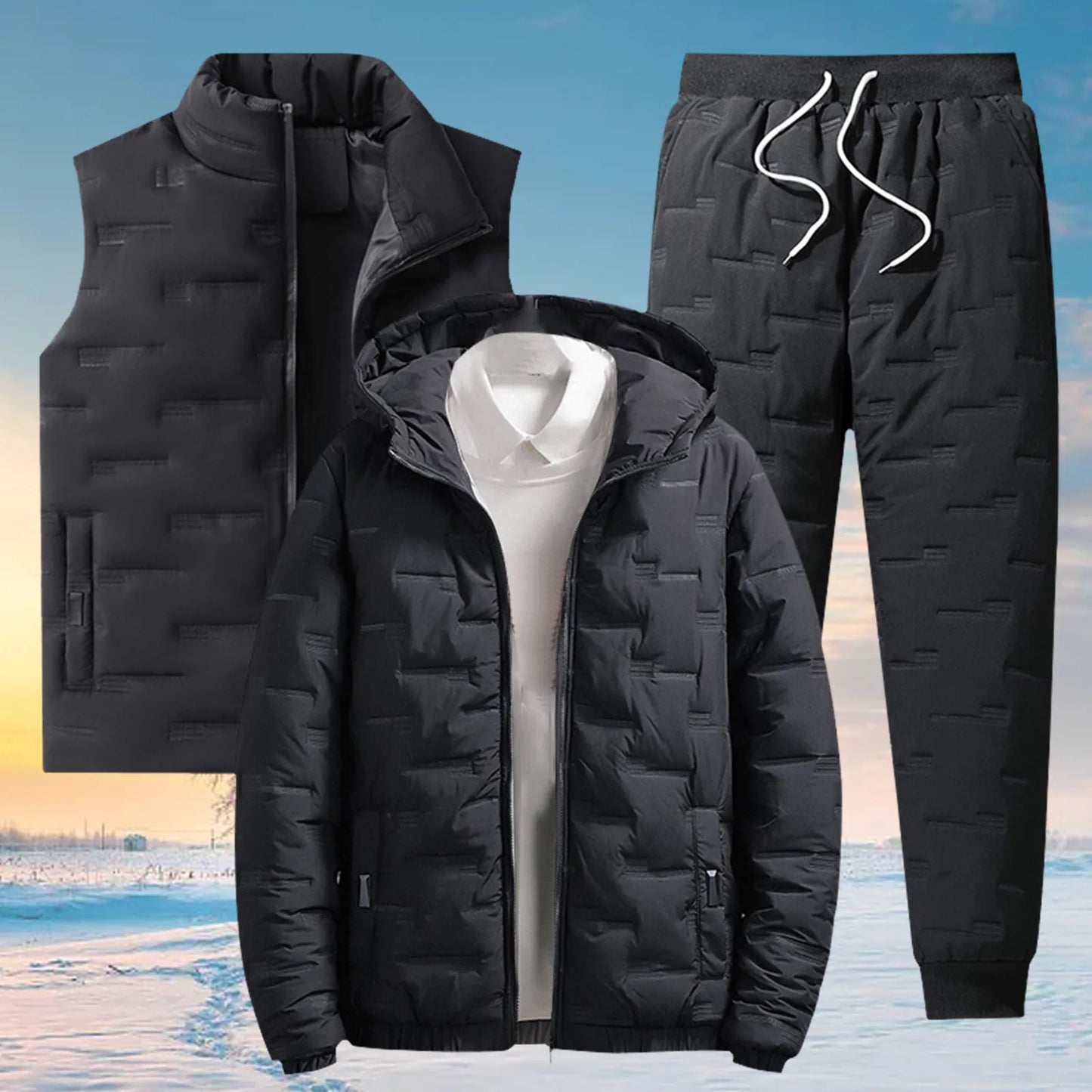 Warm Cotton Fashion Suit Men's Three Piece Set Padded Padded Jacket Winter Jacket Padded Vest And Pants Casual Outfits Hombre