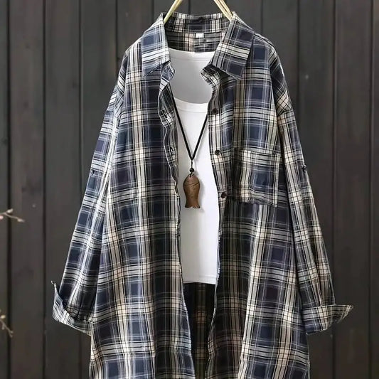 2025 New Plaid Shirt Women - Oversized Long Sleeve Button Down Shirt Dress Casual Thin Coat