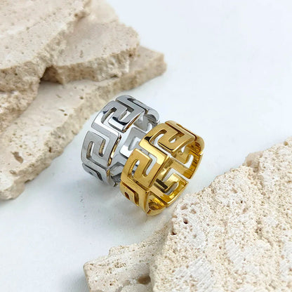 Stylish And Charming Stainless Steel Gold-Plated Men Ring, Simple Great Wall Pattern Women Ring, Wedding Party Jewelry