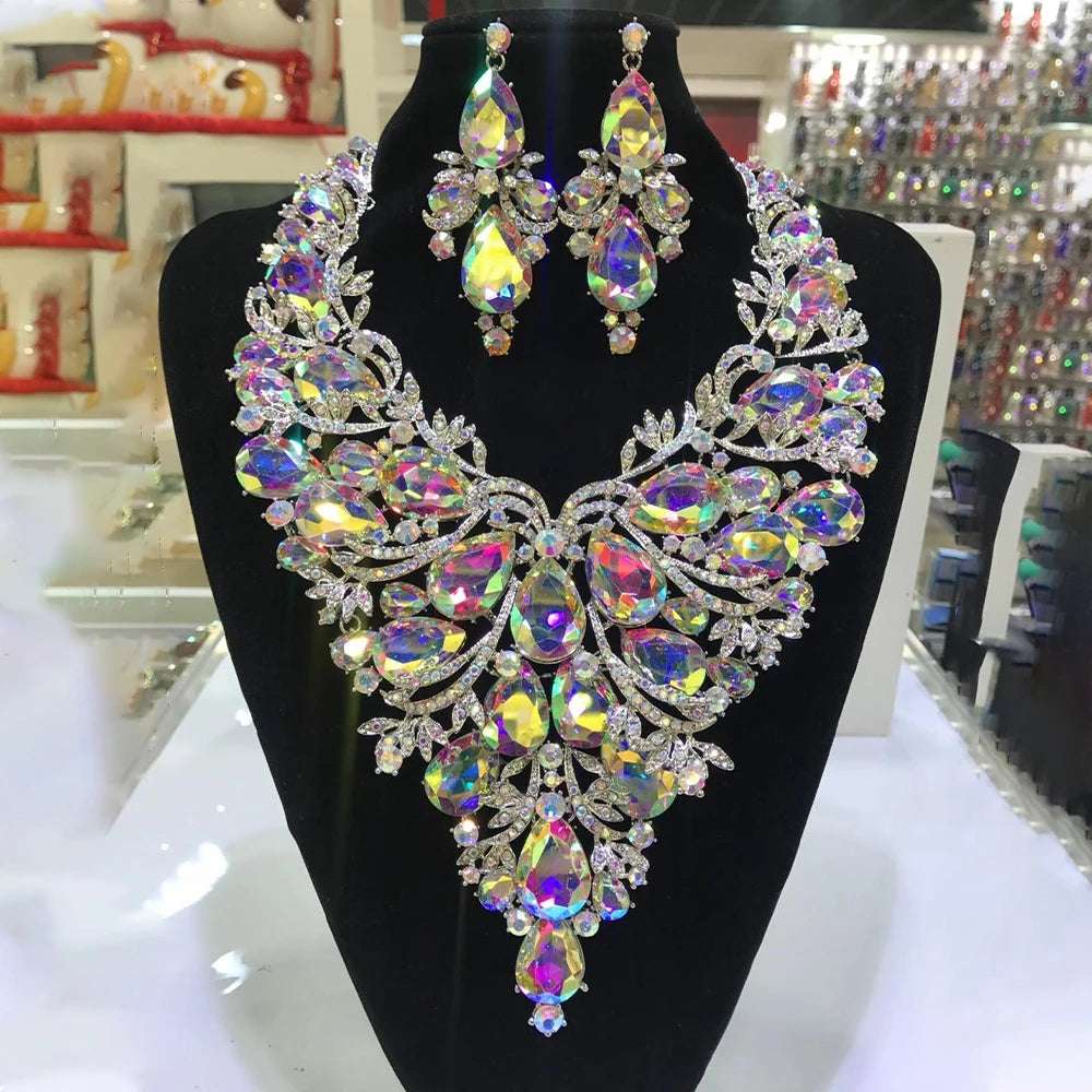 Stonefans Rhinestone Drop Necklace Earrings Set for Women's Party Accessories Large Exaggerated Drag Queen Jewelry Set 2023