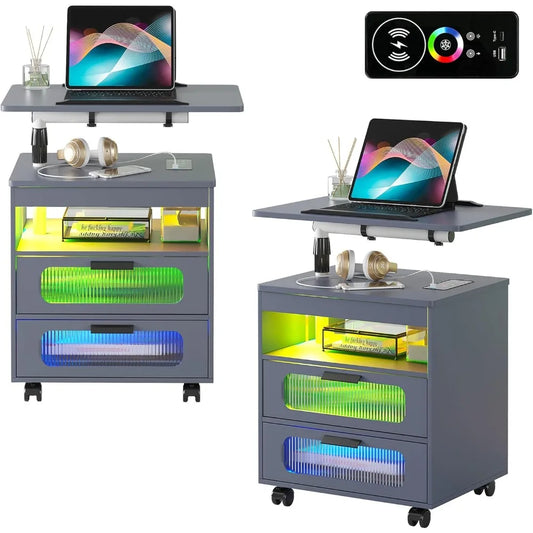 LED Nightstand Set of 2 with Wireless Charging Station, Smart Night Stand with Adjustable Rotary Table, Modern Bed Side Table