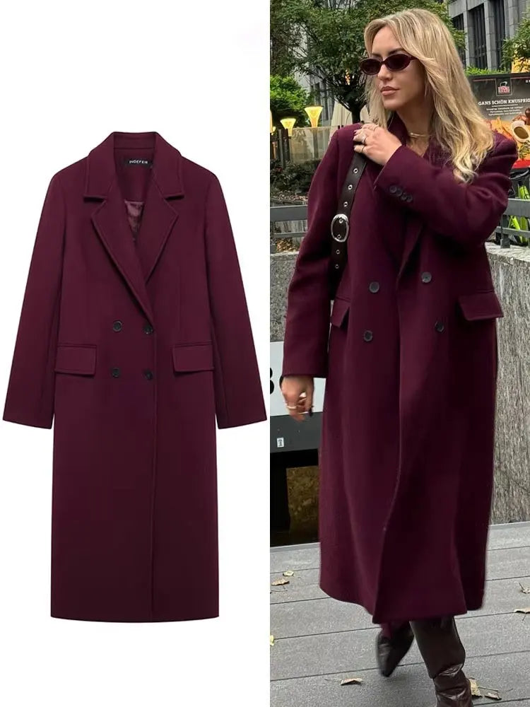 Women'S Burgundy Double Breasted Woolen Coat - Lapel Long Sleeve Wool Blend Jacket Autumn Winter Outerwear