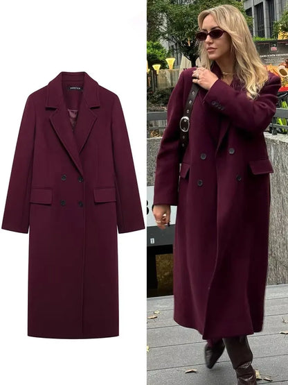 Women'S Burgundy Double Breasted Woolen Coat - Lapel Long Sleeve Wool Blend Jacket Autumn Winter Outerwear