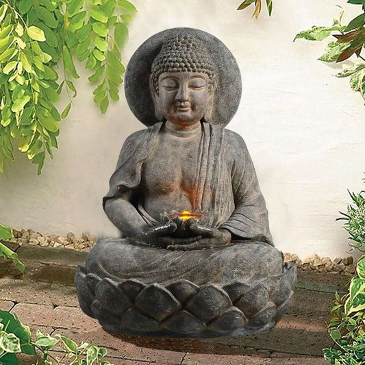 Buddha Zen Statue Water Fountain with LED Light and Pump for Outdoor Patio Garden Backyard Decking, 28 " Height, Stone Gray