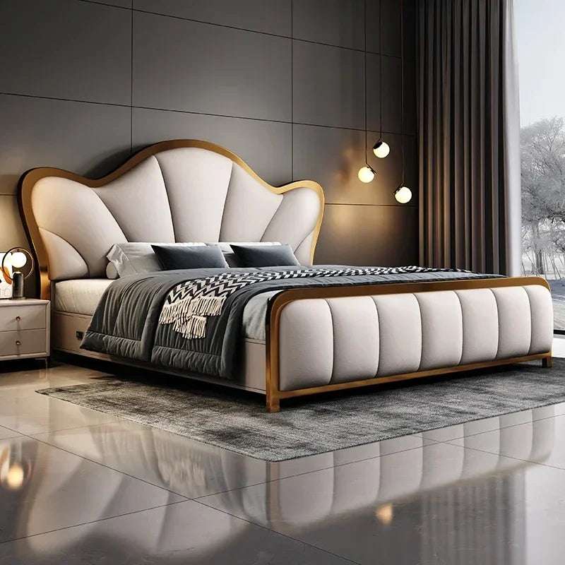 Nordic Double Bed Modern Wood  End Headboard Frame Double Bed Wedding Confortable Leather Cama De Casal Furnitures