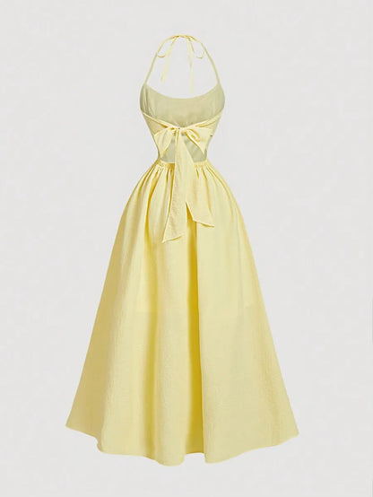 Women'S Yellow Halter Neck Backless Dress - Bowknot Waist Tie A-Line Midi Dress For Summer & Parties