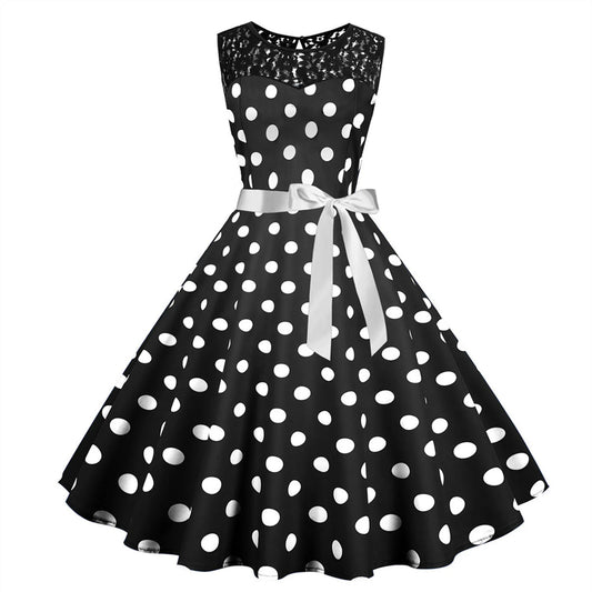 Fashion Polka Dot Dresses For Women Vintage Lace Spliced Swing 50S 60S