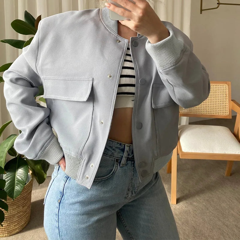 2024 Woman Bomber Jacket Coat White Autumn Winter Button Baseball Avia