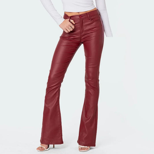 2024 Autumn Women's PU Solid Trousers Retro  Low-waist Casual Faux Leather Flared Long Pants Bell Botom Trousers for Party