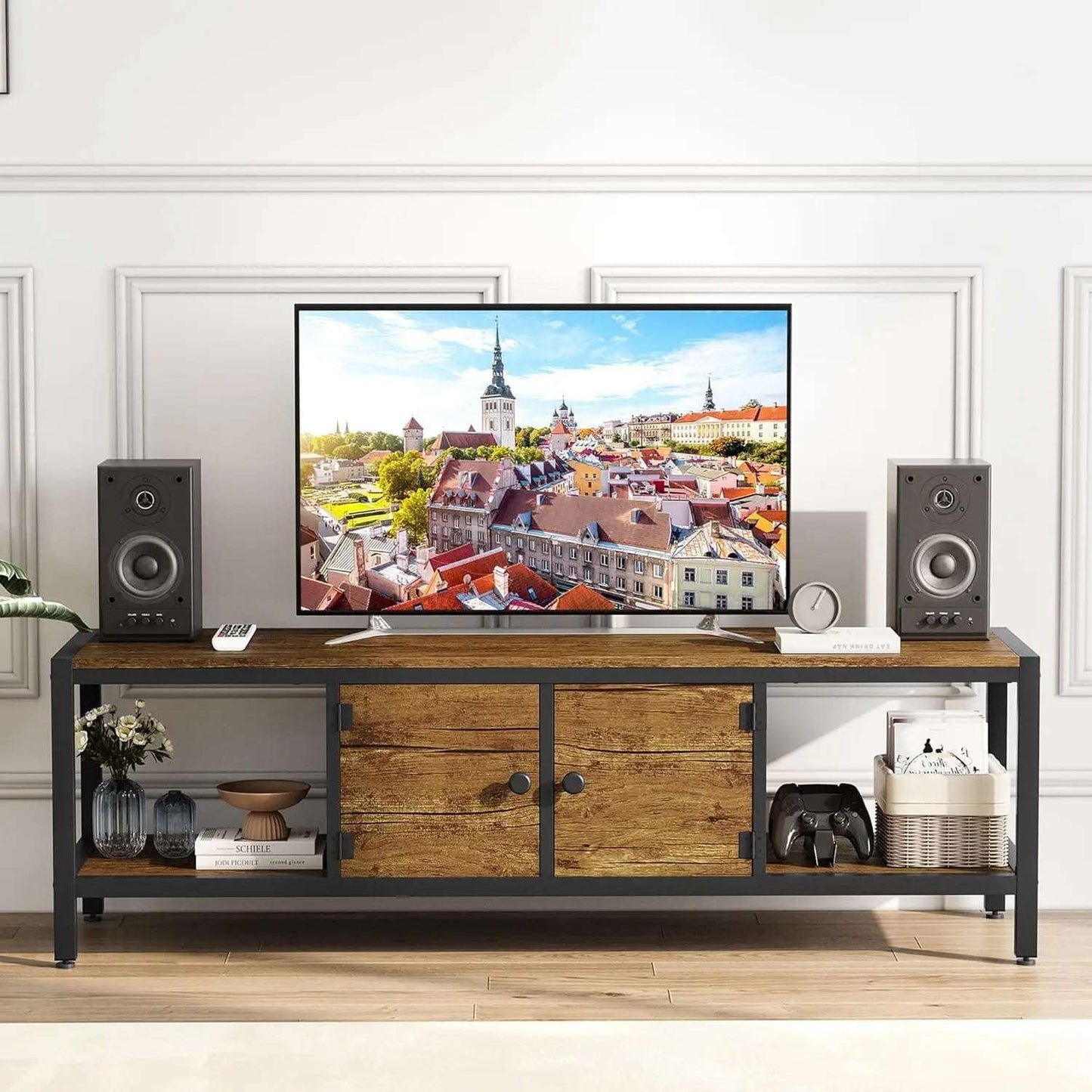 Tv Stand For Tv Up To 75 "Es, Large Tv Console Table With 2 Closed Storage Spaces And Open Compartments Entertainment Center