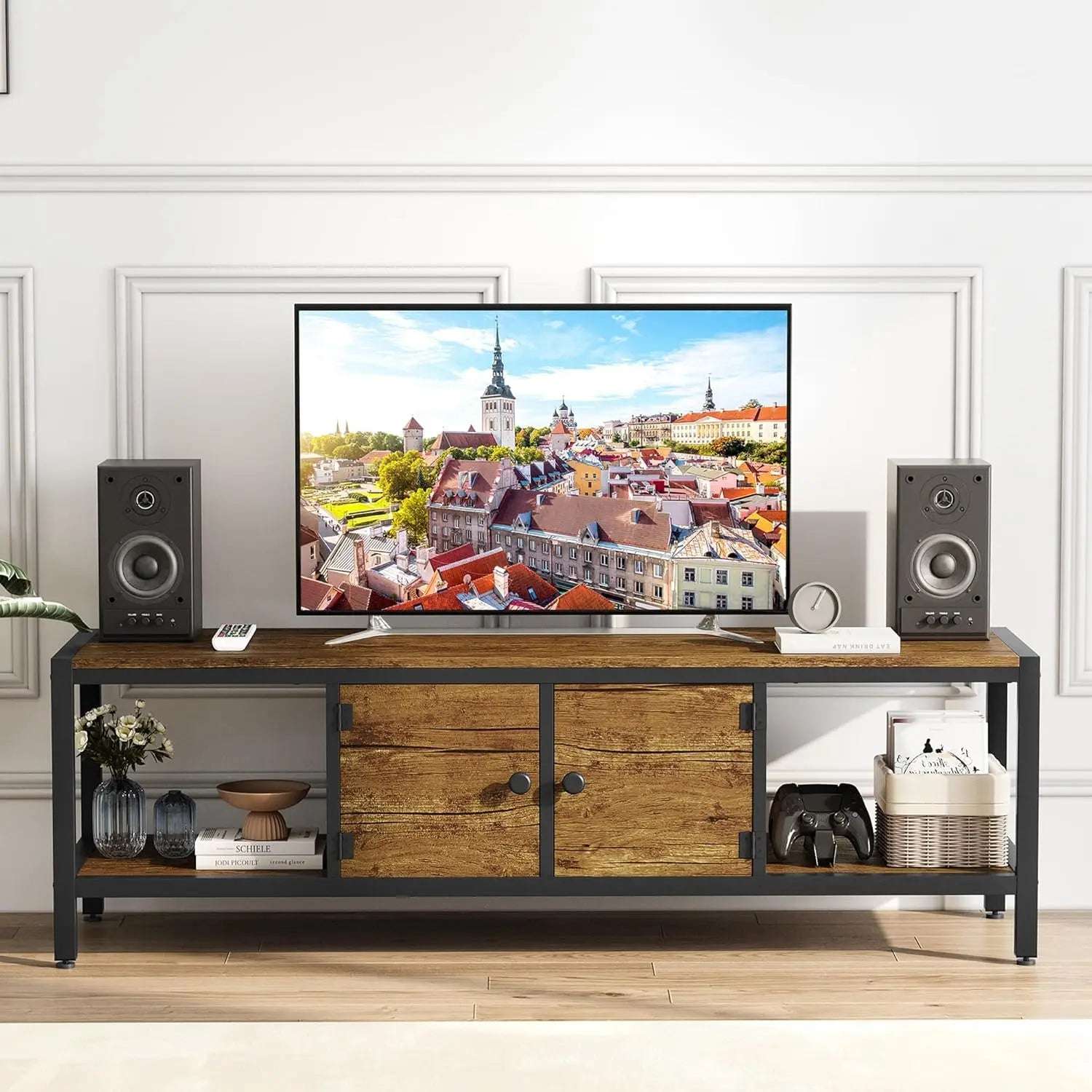 Tv Stand For Tv Up To 75 "Es, Large Tv Console Table With 2 Closed Storage Spaces And Open Compartments Entertainment Center