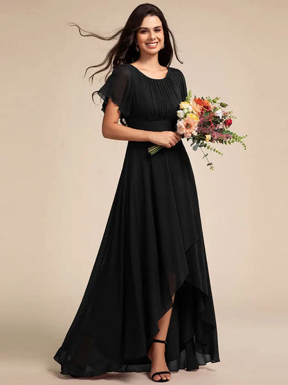 Elegant Evening Dresses Round Neck Ruffles Sleeve Asymmetrical Hem 202