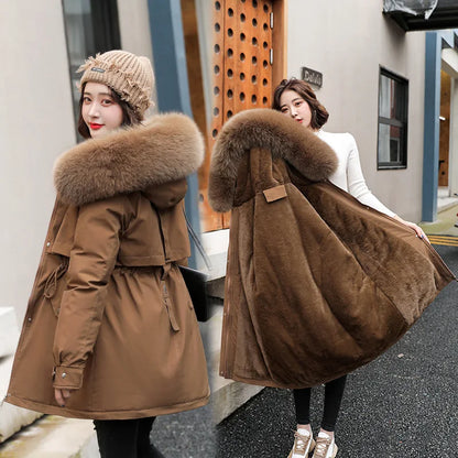 Women's Parka Fashion Long Coat Wool Liner Hooded Parkas 2023 New Winter Jacket Slim with Fur Collar Warm Snow Wear Padded Clothes
