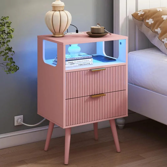 Nightstand with Charging Station and LED Lights, Modern Bedside Table with 2 Storage Drawer and Open Wood Shelf, for Bedroom
