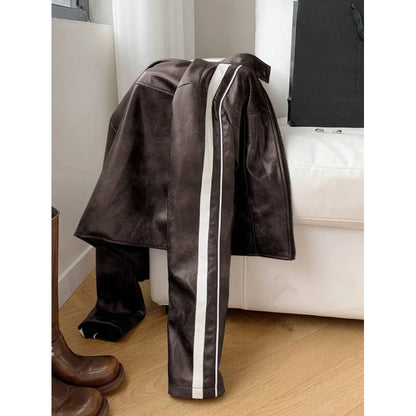 Women'S Striped Long Sleeve Casual Brown Faux Leather Motorcycle Cropped Jacket, Autumn