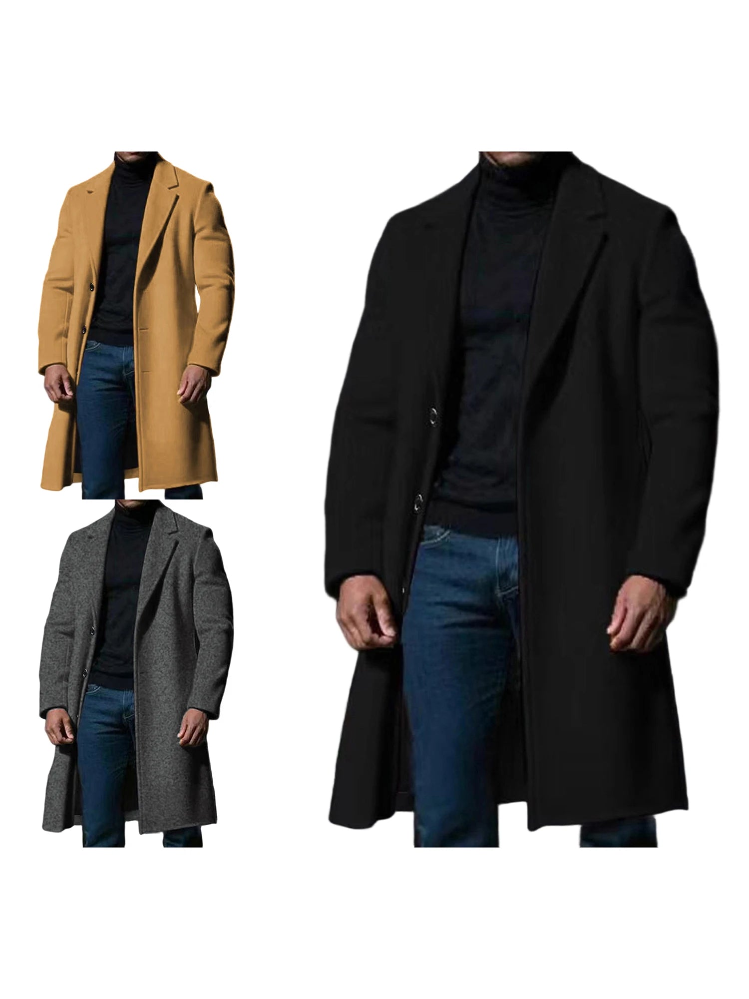 Men's Classic Wool Blend Pea Coat with Notched Lapel Winter Warm Long Sleeve Solid Color Single Breasted Overcoat TrenCoat