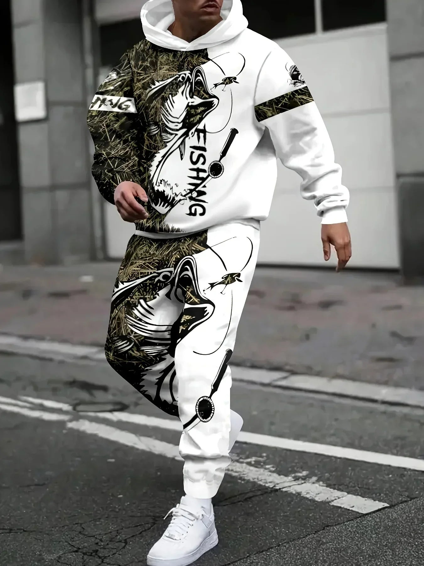 A Men'S Casual Fishing Print Hooded Sweatshirt And Sweatpants Set, Polyester Knitted Long Sleeved Pullover With Tie, Regular Spr