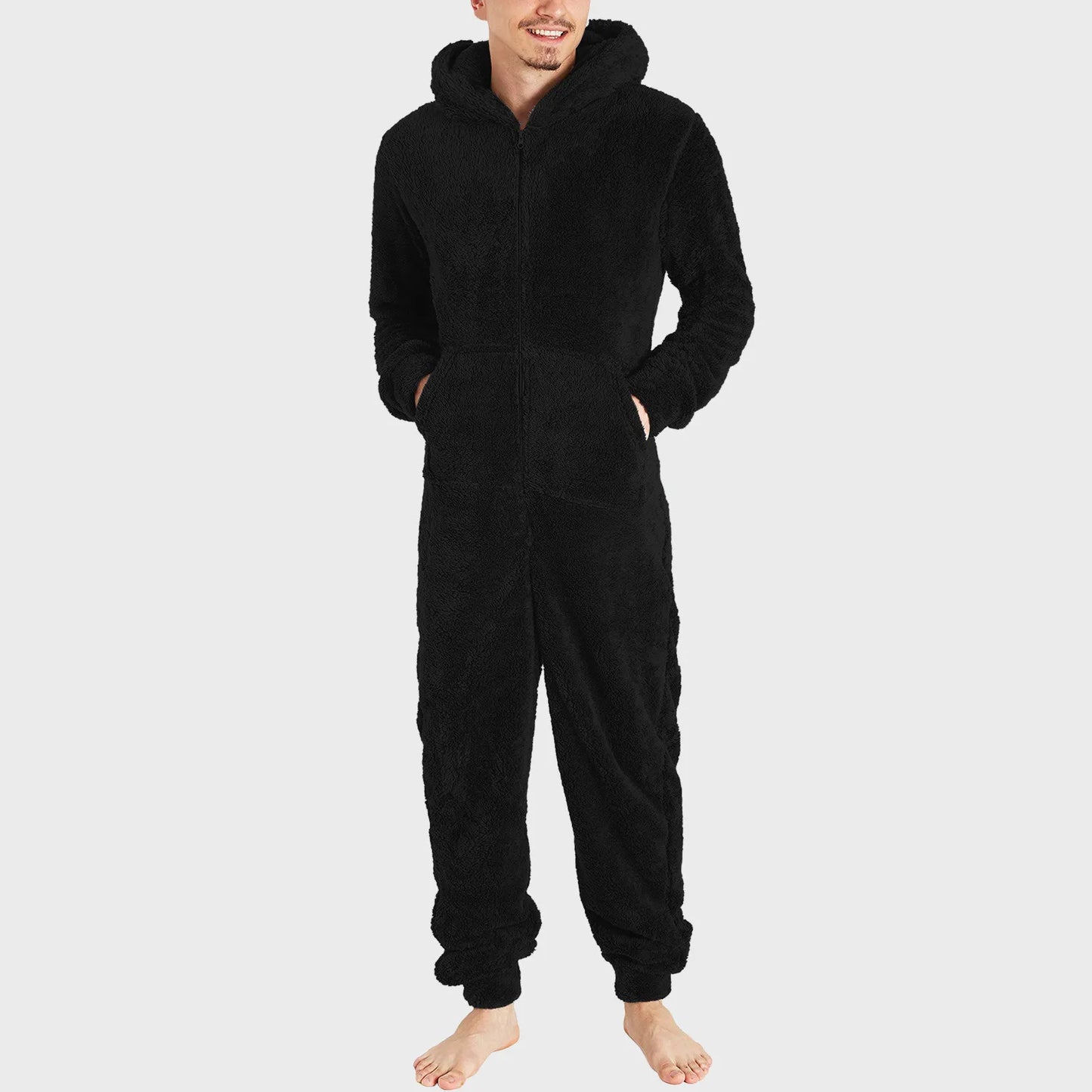 Men Jumpsuit Long Sleeve Pajama Solid Zipper Hooded Jumpsuit Casual Winter Warm Sleepwear Comfortable Male Home Clothing 2024