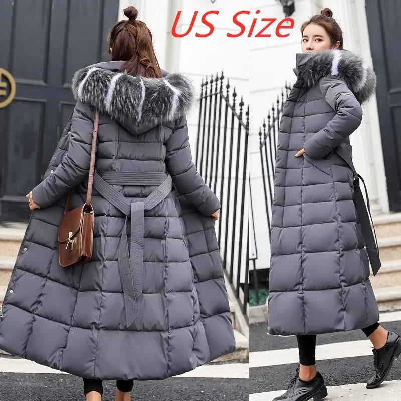 2025 Winter Women Jacket Warm Fashion Comfortable Bow Belt Fox Fur Collar Clothes Long Dress Office Casual Women Thick Coat