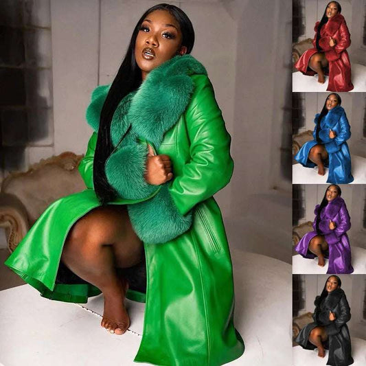 Women Coat Fashion Casual Solid Color Long Sleeve Pu Leather Fur Turn Down Collar Zipper Warm Autumn Winter