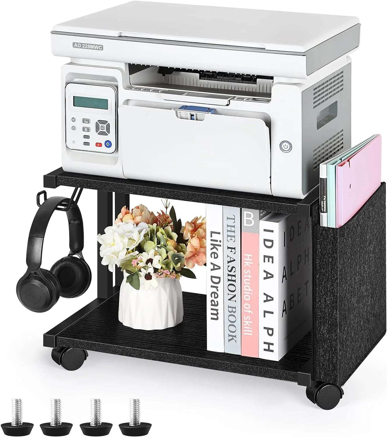 Printer Stand Under Desk Printer Table with Wheels 2 Tier Small Printer Cart with Storage Bag Desktop White Printer Stands