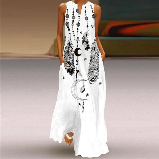 Elegant Wind Chime Printed White Long Dress 2024 Fashion New Women 3D Printed V-neck Loose Casual Beach Dress
