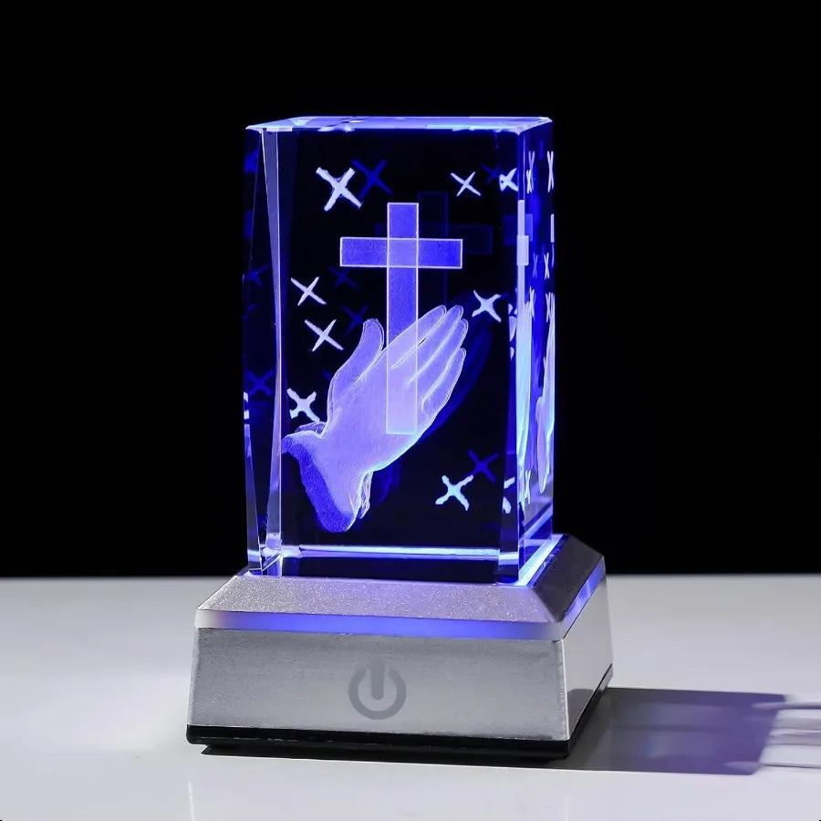 3D Crystal Praying Hands Christian Religious Gifts for Women Men Glass Laser Engrave Jesus Cross Figurine Cube Multicolor Led N