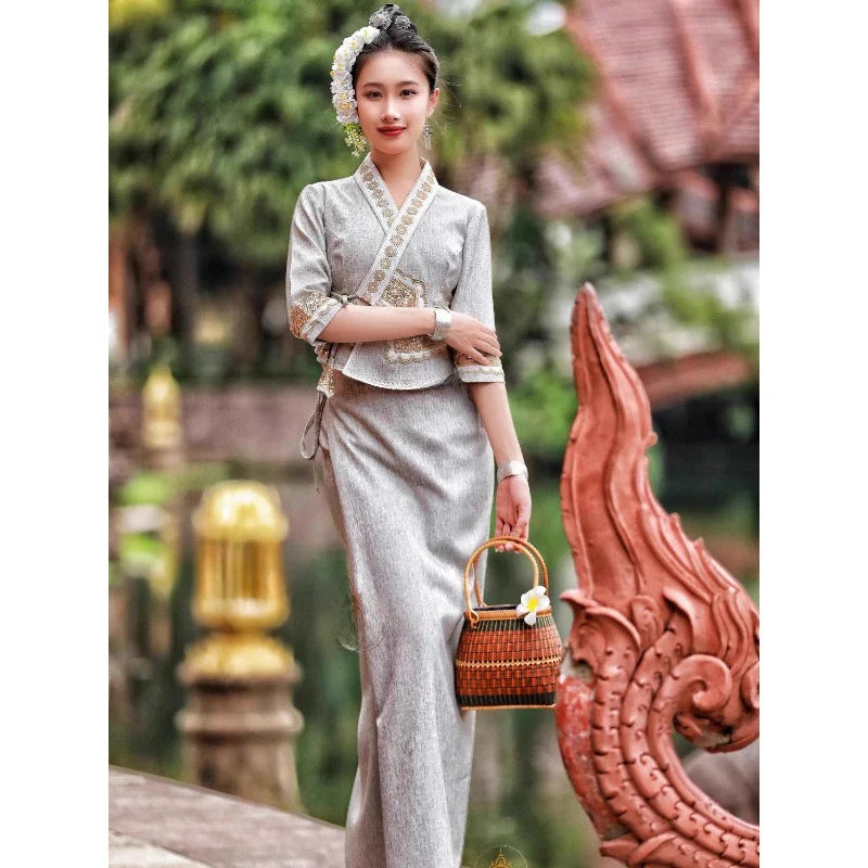 Thai Dai Ethnic Women New Style Spring Summer Songkran Festival Tops Skirt Daily Wear Thailand Traditional Clothing