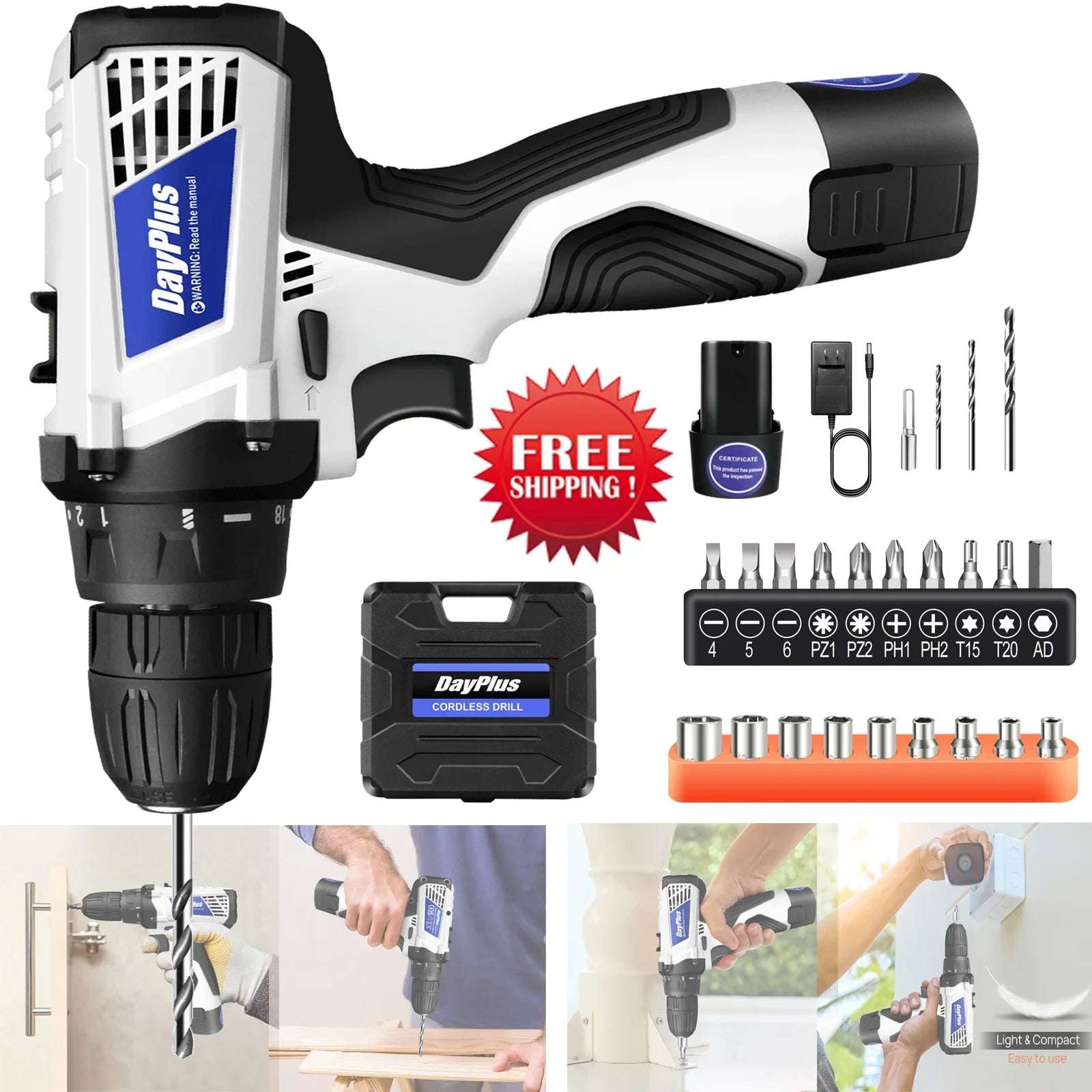 Cordless Drill Driver Kit with Battery,2 in 1 Electric Screwdriver Driver Tool Kit 45 N.m, Dual Speed 3/8 " Keyless Chuck