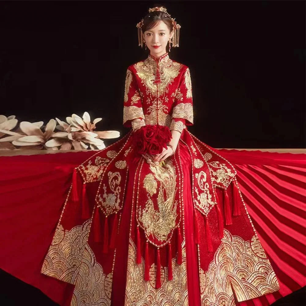 Bride Embroidery Cheongsam Phoenix Clothing Embroidery Qipao For Women And Men Gold Gown Chinese Traditional Wedding Dress