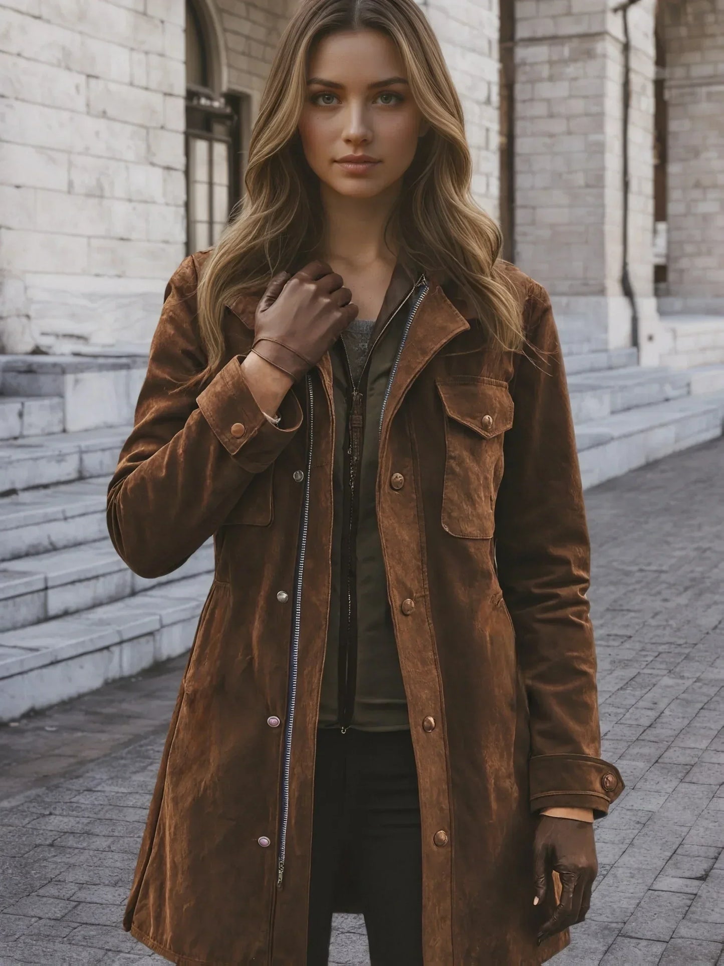 Women'S Vintage Suede Windbreaker Jacket  Notch Collar Mid-Length Coat With Patch Pockets