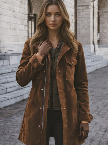 Women'S Vintage Suede Windbreaker Jacket  Notch Collar Mid-Length Coat With Patch Pockets