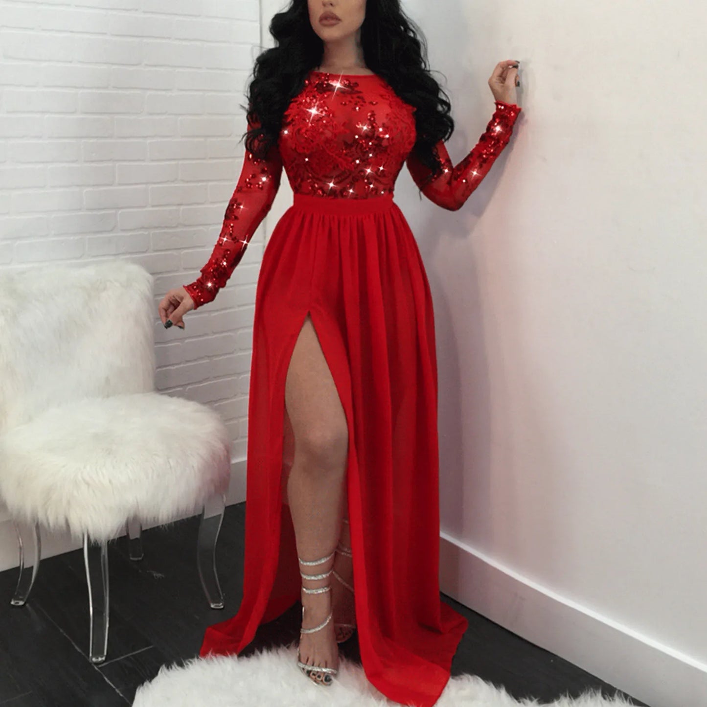 Women's Gorgeous Long Dress For Wedding Guerst Shiny Sequins Hollow Out Hi