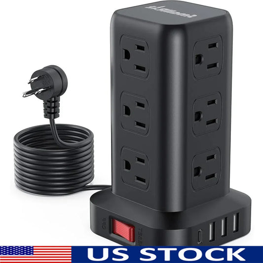 Surge Protector Power Strip Tower 10FT Extension Cord with 12 AC Outlets 4 USB Ports Smart Charging Home Office Travel