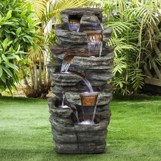 48 inch high 7-story rock outdoor fountain, suitable for gardens, home art decoration, with LED lights, outdoor resin fountain