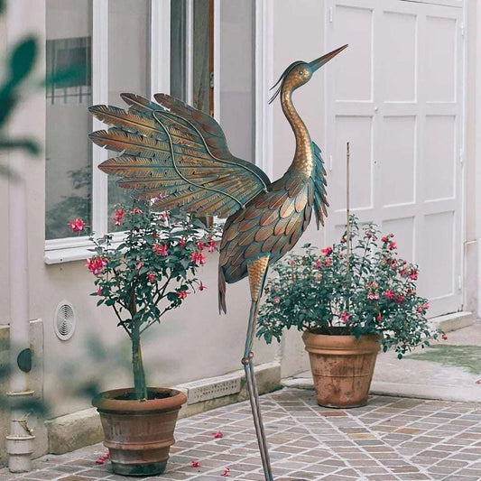 1pc Crane Statue for Garden Decor, Metal Yard Art Heron Statue, Standing Garden Sculpture for Yard Decoration, Copper Color