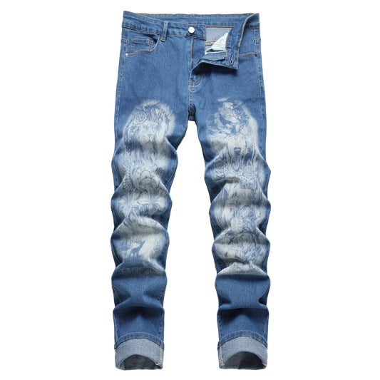 Men printed pants; Men printed wolf head pattern jeans; Stretch blue jeans90036