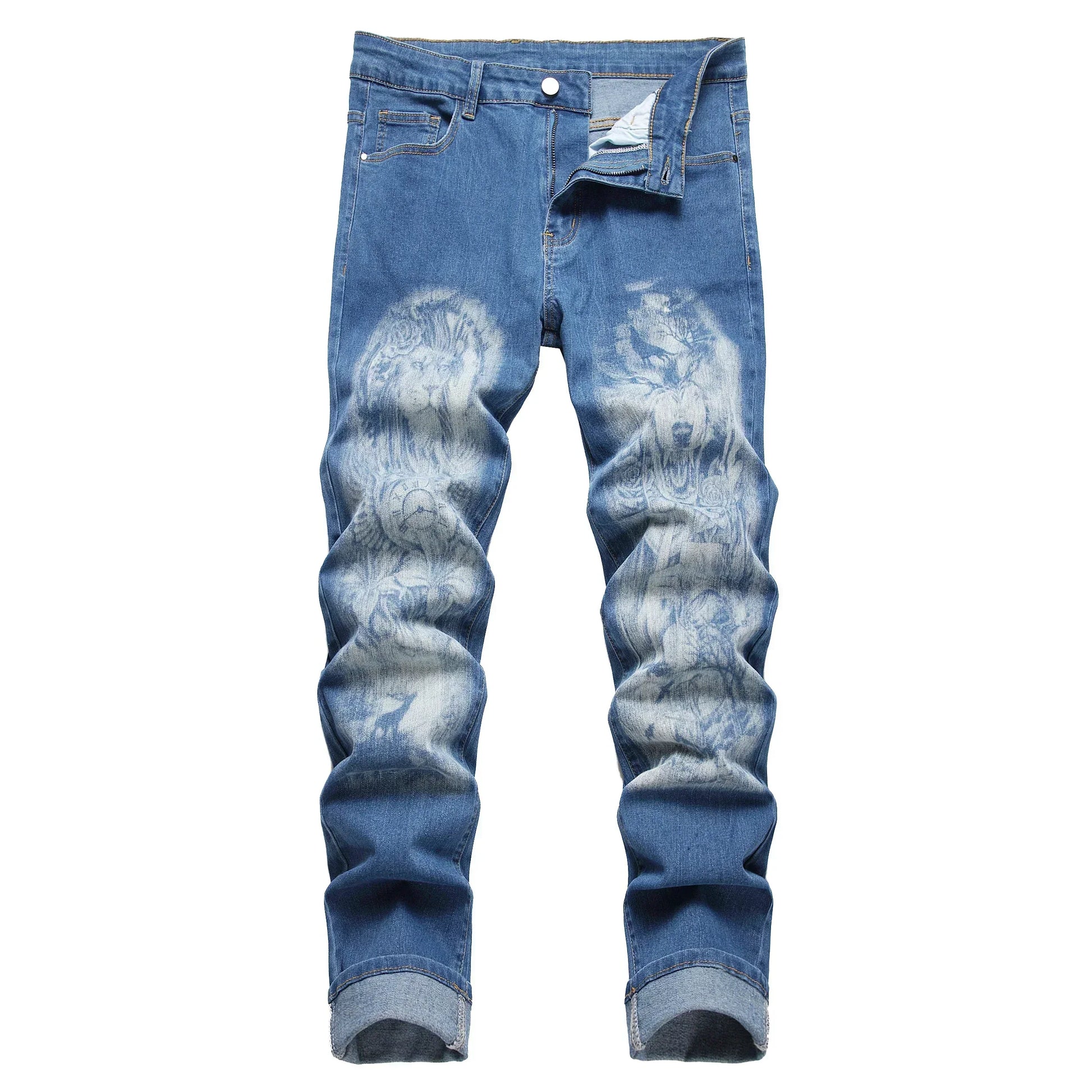 Men's printed pants; Men's printed wolf head pattern jeans; Stretch blue jeans90036