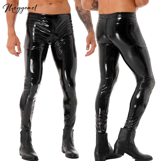 Mens Zipper Crotch Leather Skinny Pants Long Trousers Motorcycle Tight Leggings for Rave Nightclub Party Stage Performance