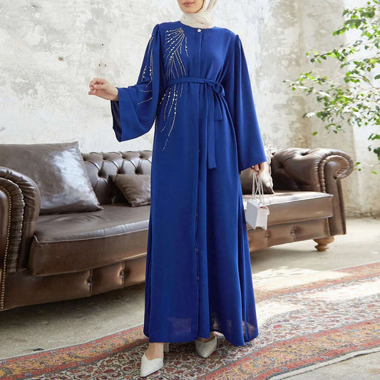 and Fashion Heavy Industry Beading Ironing Muslim Dress Women  Navy Blue Exquisite Muslim Robes Party Wear