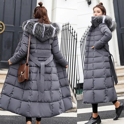 Korean Style Thickened Winter Cotton Jacket Women'S Long Coat With Fur Collar Slim Fit Hooded Ladies' Cotton Padded Coat