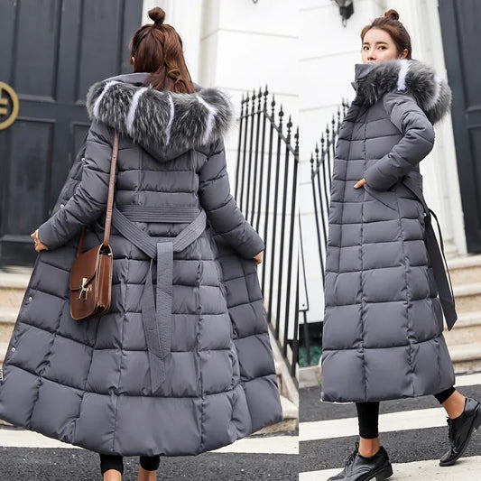 Korean Style Thickened Winter Cotton Jacket Women's Long Coat with Fur Collar Slim Fit Hooded Ladies' Cotton Padded Coat