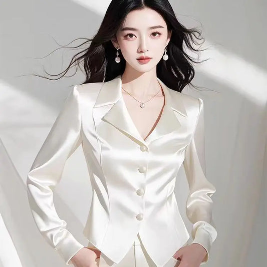 New Women Clothing for Early Autumn Small Stature Professional Attire Small Fragrance Style White Satin Shirt